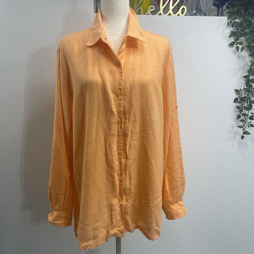 Jones New York Sport Woman Linen Button-Up Shirt XL Long Sleeve Peach
